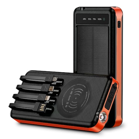Alpha Digital Power Bank- 10,000mAh, Solar, 4 Cables, Wireless Charging - Orange ZL809-OR