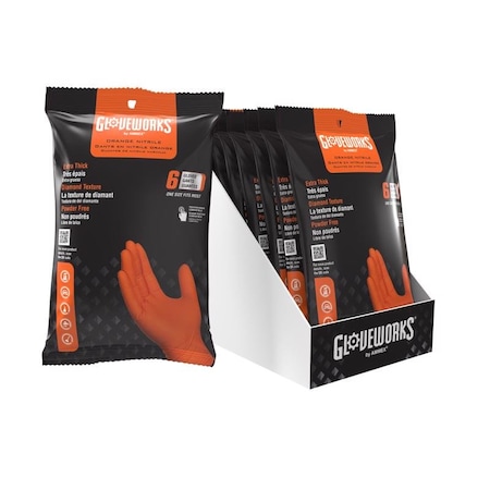 Gloveworks Nitrile Disposable Gloves One Size Fits Most Orange Powder Free 6 pc, 6PK GWON6PK