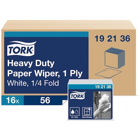 Tork Heavy Duty 1/4 Fold Wiper, 13 in L x 12-1/2 in W, 56, Paper/Double Re-Creped, White, 1 Plys 192136