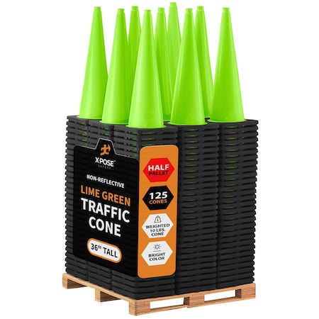 Xpose Safety Traffic Safety Cone, 36 in, Premium PVC, No Collar, Lime Green, Bulk Half Pallet (125), PK125 LTC36-HP125-X