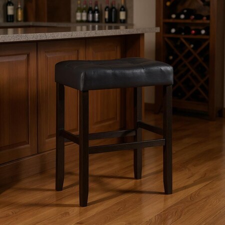 Homeroots Set of Two 31" Black Faux Leather and Solid Wood Backless Bar Height Bar Chairs 632421