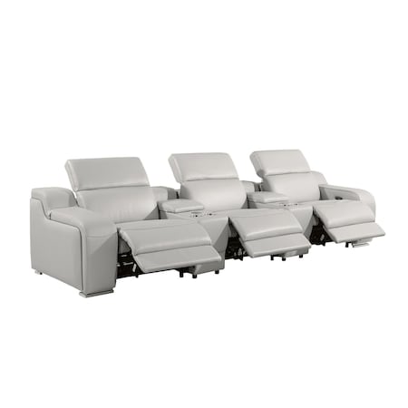 Homeroots 129" Light Gray Italian Leather Reclining USB Sofa 632873
