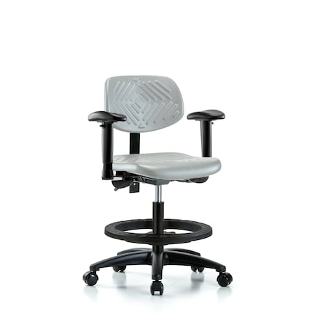 Blue Ridge Ergonomics Poly Chair - Medium Bench Height with Adjustable Arms, Black Foot Ring, & Casters in Gray Poly PMBCH-RG-T0-A1-BF-RC-GRY