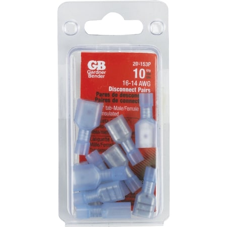 Gardner Bender 16 to 14 AWG Male/Female Blue Fully-Insulated Disconnect Pair, 10PK 20-153P