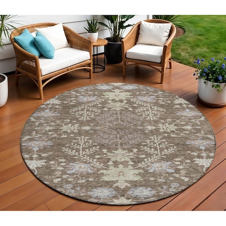 Homeroots 8' Brown Beige And Green Round Floral Washable Indoor Outdoor Area Rug 605451