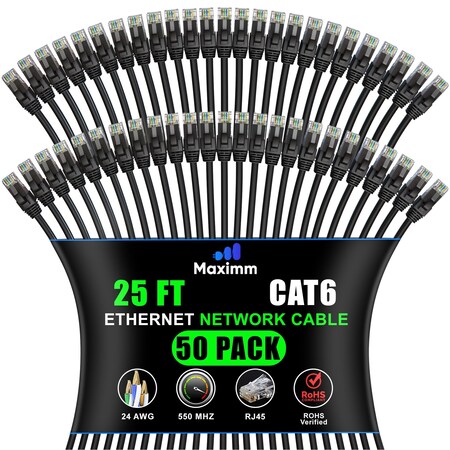 Maximm Cat6 Ethernet Cable 25ft 10Gbps 550MHz UTP, 50PK, Black, 50PK CAT6CCA-25BK-50PK