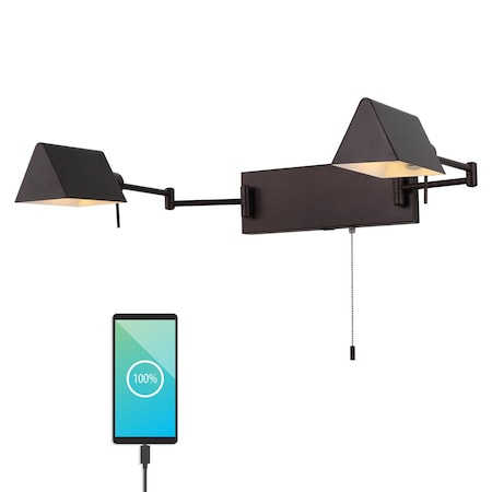 Jonathan Y Arlo 54" 2-Light Farmhouse Industrial Double Swing Arm Iron LED Wall Sconce w/Pull-Chain USB Chargin JYL6016A