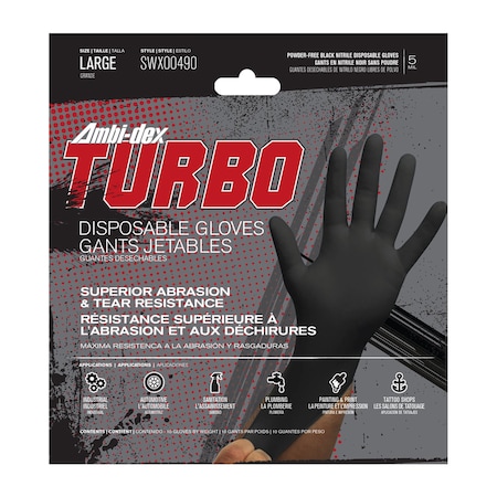 Ambi-Dex Turbo Nitrile Disposable Gloves Large Black Powder Free 10 pk SWX00490/L