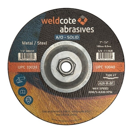 A-Solid 7in x 1/4in x 5/8-11 A24-R-BF Steel T28 Grinding Wheel, 10PK 10044