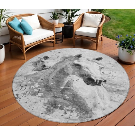 Homeroots 8' Gray And Silver Round Horse Washable Indoor Outdoor Area Rug 618681