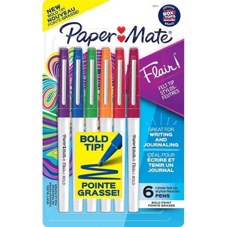 Paper Mate Flair Felt Tip Porous Point Pen, Stick, Bold 1.2 mm, Assorted Ink Colors, White Pearl Barrel, 6PK 2125411