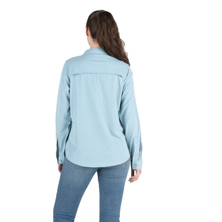 Berne Flex180 Womens Large Heathered Eggshell Blue UPF Button Down Long Sleeve Shirt WSH34HESBR440