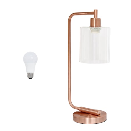 Homeroots 19" Rose Gold Metal Lantern Table Lamp LED With Clear Cylinder Shade 646042
