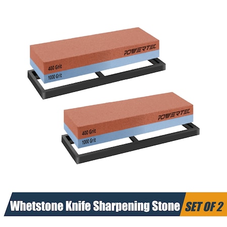 Powertec Whetstone Knife Sharpening Stone, Dual Grit 400/1000 Water Stone with Non-Slip Rubber Base, 2PK 71915-P2