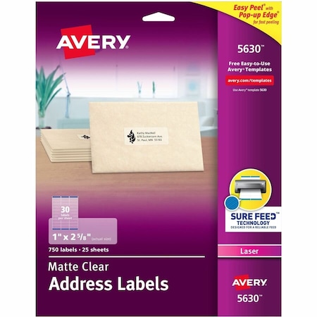 Avery Easy Peel Laser Mailing Labels, 1 x 2-5/8, Clear, 750/Box 5630