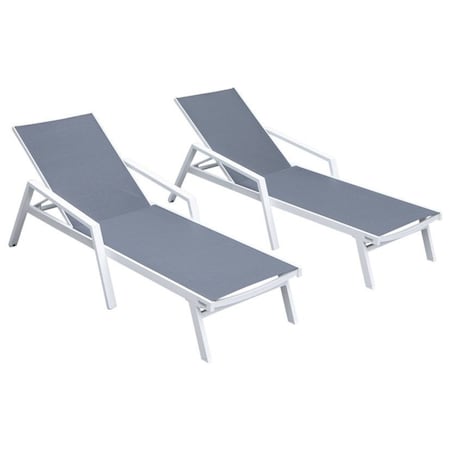 Leisuremod Marlin Patio Chaise Lounge Chair with Armrests in White Aluminum Frame, Dark Grey, 2PK MLAW-77DGR2