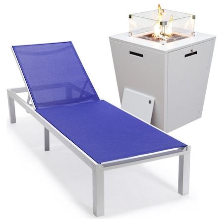 Leisuremod Marlin White Aluminum Patio Chaise Lounge Chair with Square Fire Pit Table, Navy Blue MLWCF21-77NBU