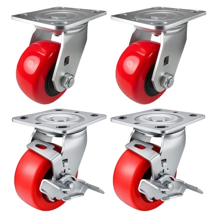 Hyw Products Heavy Duty Caster Set 4in Polyurethane on Plastic Wheels, 2 Swivel & 2 Swivel with Brake, 4PK 40-40S-A1-PU-2,40-40S-A1-PU-TB-2