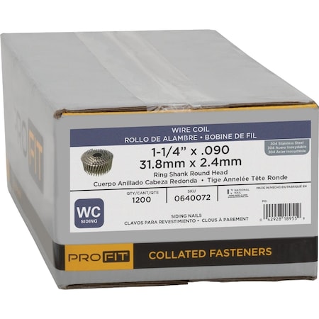 Pro-Fit 1-1/4'' x 0.090'' 15 Degree Wire Weld 304-Stainless Steel Coil Siding Nail, 1200 Ct. 640072