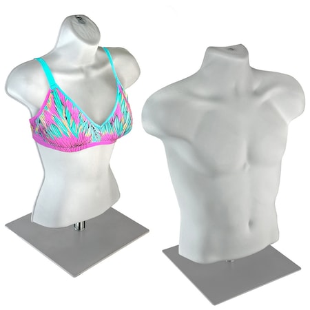 Azar Displays One Male and One Female White Plastic Bust, Torso Mannequin, on 12" Square Metal Base for Counter 900927-WHT