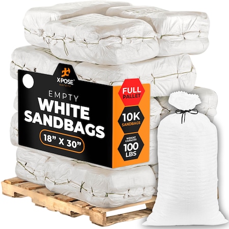 Xpose Safety Woven Polypropylene Sand Bags for Gravel - 18in x 30in 100 lb Limit, White, Pallet of 10,000 SBW-1830-FP10000-X