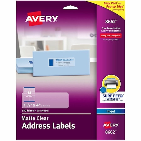 Avery Easy Peel Inkjet Mailing Labels, 1-1/3 x 4, Clear, 350/Pack 8662