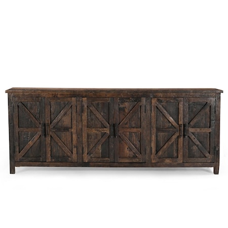 Homeroots 84in Dark Brown Distressed Reclaimed Wood Paneled Sideboard with Six Doors 521423