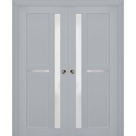 Sartodoors Sliding French Double Pocket Doors with Frosted Glass Grey 84x80 (2* 42x80) Solid Core VEREGIO7288DP-GRE-84