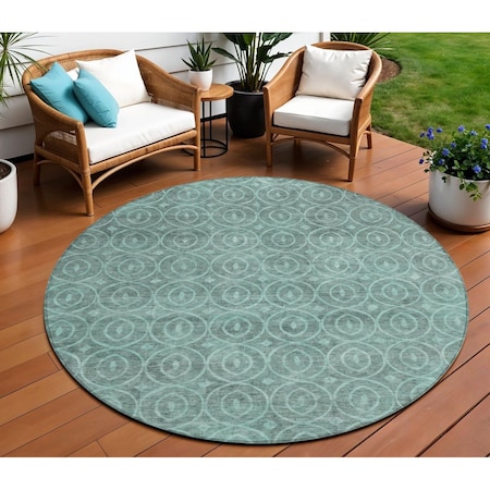 Homeroots 8' Teal Blue Round Geometric Washable Indoor Outdoor Area Rug 607508