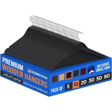 Lifemaster Wooden Hangers, Swivel Hook, Non-Slip, Pants Bar, Holds 10 lbs, Brown, 10PK LMWD10BW