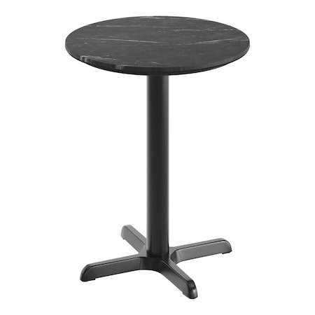 Flash Furniture Commercial 24" Black Faux Marble HPL Tabletop with Black Table Height X Base ST-RD24-BKMAR-T2222-GG