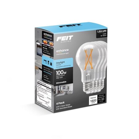 Feit Electric Feit A19 E26 Medium Filament LED Bulb Daylight 100 Watt Equivalence, 4PK A100CL950FIL4GB