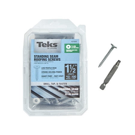 Teks #10 x 1-1/2 in Standing Seam Panel Roofing Screw, Pancake Head, Star Drive, w/ T-25 Bit, Zinc, 100PK 21605