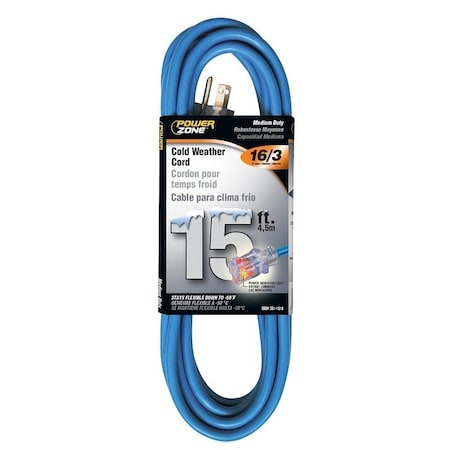 Powerzone Cold Weather Extension Cord, 16 AWG, Outdoor, 5-15R, 5-15P, 15 ft ORCW511615