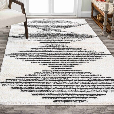 Jonathan Y Elm Diamond Stripe Geometric Shag White/Gray 8 ft. x 10 ft. Area Rug MOH408A-8