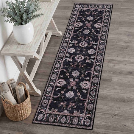 Jonathan Y Arabella Vintage Floral Border Non-Slip Machine-Washable Dark Gray/Multi 2 ft. x 8 ft. Runner Rug VOR107G-28