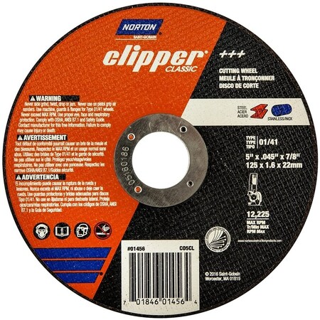 Norton Clipper Abrasive Cut-Off Wheel, Type 1, 5 in Dia, 0.045 in Thick, 7/8 in Arbor Hole Size, Aluminum Oxide 70184601456