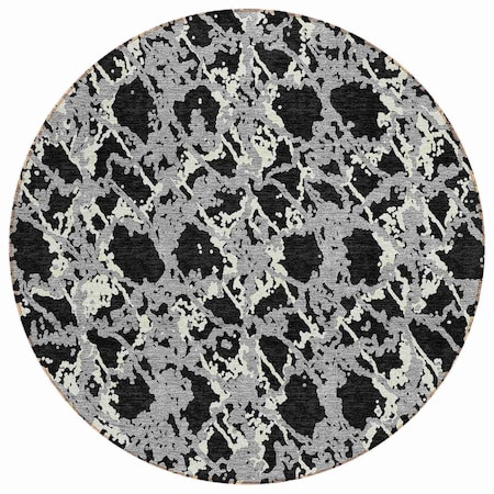 Homeroots 8' Black And Gray Round Abstract Washable Indoor Outdoor Area Rug 614127