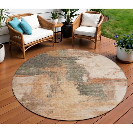 Homeroots 8' Terra Cotta Gray And Brown Round Abstract Washable Indoor Outdoor Area Rug 602989