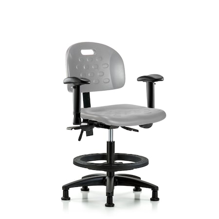 Blue Ridge Ergonomics Poly Chair-Medium Bench Height with Adjustable Arms, Black Foot Ring, &Stationary Glides in Gray Poly HPMBCH-RG-T0-A1-BF-RG-GRY