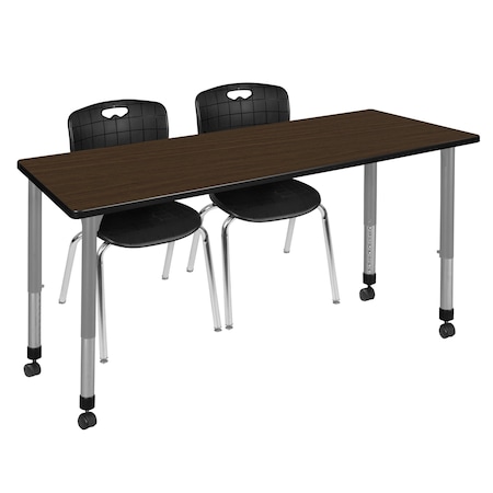Regency Kee Mobile Adjustable Classroom Table W/ 2 Andy Stack Chairs, 66 in W, 24 in L, Neo Walnut MT6624NWAPCGY40BK