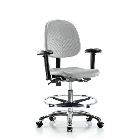 Blue Ridge Ergonomics Poly Chair Chrome-Med Bench Height with Med Back, Adj Arms, Chrome Foot Ring, &Casters in Gray Poly PMBCH-MB-CR-T0-A1-CF-CC-GRY