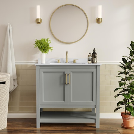 Flash Furniture Vega 36in. Vanity w/Sink, Gold Hardware, Soft Close Doors & Open Shelf, Carrara Marble, Gray/White FS-VEGA36-GY-HDGLD-GG