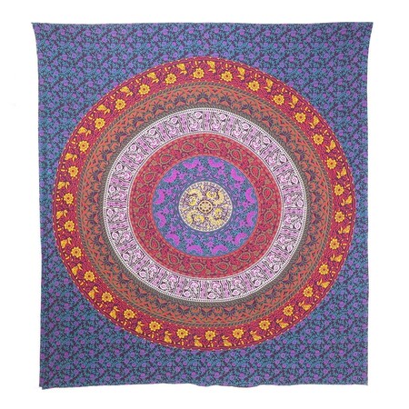 Homeroots 92" X 84" Blue Red And Yellow Mandala Cotton Hanging Tapestry 397408
