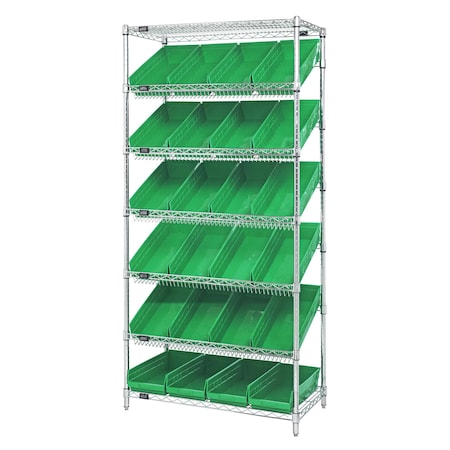 Quantum Storage Systems WIRE SHELVING UNIT W/24 GREEN BINS WRS-7-108GN