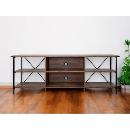 Homeroots 65" Walnut And Black Wood And Steel Open Shelving TV Stand 568896