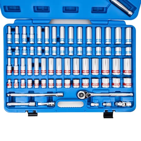 Neiko 1/2'' Drive CrV Steel Colored SAE and Metric Sockets and Ratchet Tool Set, 68-Pieces 02479A