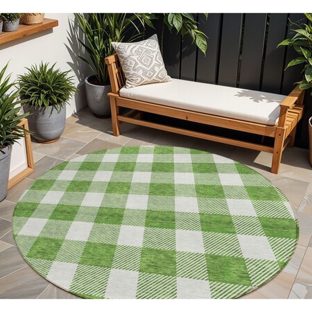 Homeroots 8' Green And Gray Round Plaid Washable Indoor Outdoor Area Rug 595387