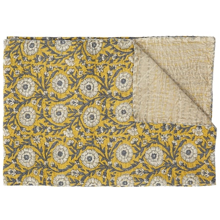 Homeroots 50" X 70" Yellow and Gray Kantha Cotton Floral Throw Blanket 357581