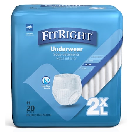 Medline FitRight Heavy Absorbency Protective Underwear, Size 2XL, 68in-80in Waist, 80PK FIT700A